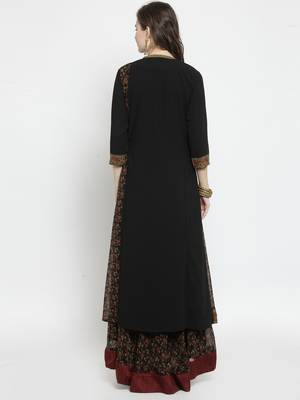 Women Black & Brown Floral Print Fusion Georgette A-Line Kurta 3