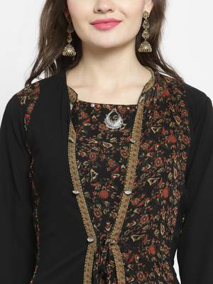 Women Black & Brown Floral Print Fusion Georgette A-Line Kurta 4