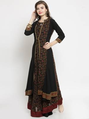 Women Black & Brown Floral Print Fusion Georgette A-Line Kurta 5