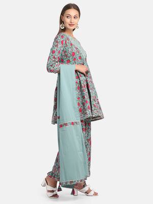 Green Floral Printed Kurta With Flared Palazzo And Dupatta 7
