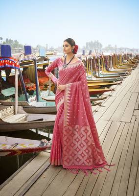 Peach printed banarasi saree with blouse 1