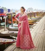 Peach printed banarasi saree with blouse