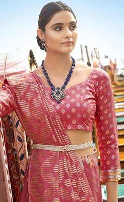 Peach printed banarasi saree with blouse 2