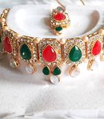  Crystal Oval Shape Multicoloured Stone Choker Necklace with Stud Earrings Jewellery Set for Women