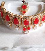  Red Crystal Oval Shape Stone  Choker Necklace with Stud Earrings Jewellery Set for Women