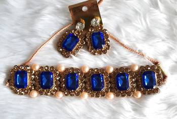 Crystal Shine Blue Stones Studded Contemporary With pearls Necklace Set With Matching Earring For Women 1