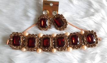 Crystal Shine Maroon Stones Studded Contemporary With pearls Necklace Set With Matching Earring For Women 1