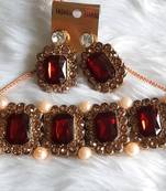 Crystal Shine Maroon Stones Studded Contemporary With pearls Necklace Set With Matching Earring For Women