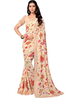 Peach printed georgette saree with blouse 1