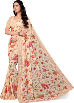 Peach printed georgette saree with blouse 2