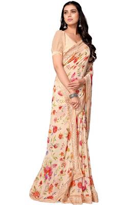 Peach printed georgette saree with blouse 3