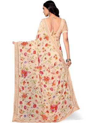 Peach printed georgette saree with blouse 4