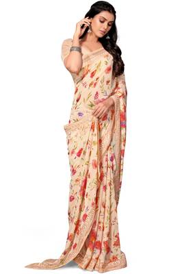 Peach printed georgette saree with blouse 5