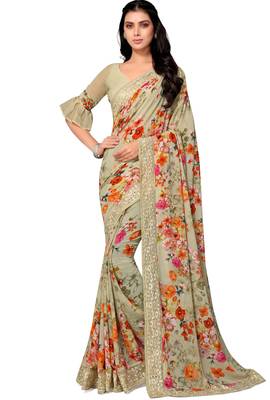 Green printed georgette saree with blouse 1