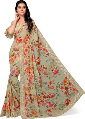 Green printed georgette saree with blouse 2