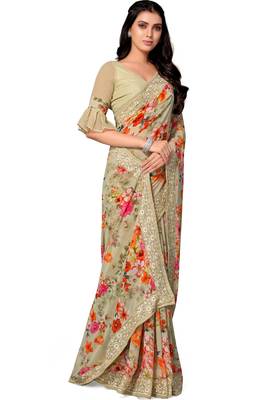 Green printed georgette saree with blouse 3
