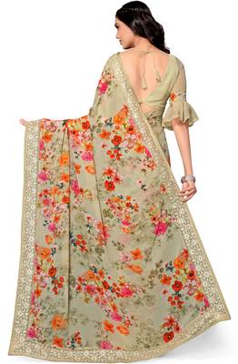 Green printed georgette saree with blouse 4