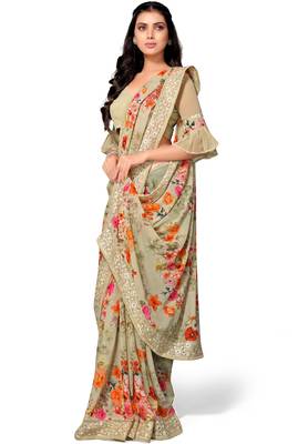 Green printed georgette saree with blouse 5