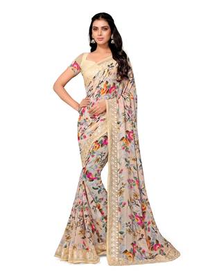 Beige printed georgette saree with blouse 1