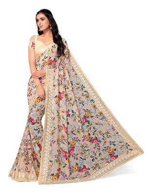 Beige printed georgette saree with blouse 2