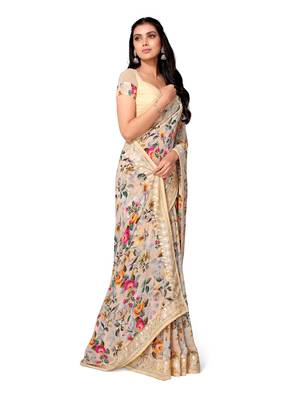 Beige printed georgette saree with blouse 3