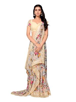 Beige printed georgette saree with blouse 5