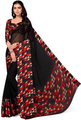 Black printed georgette saree with blouse 2