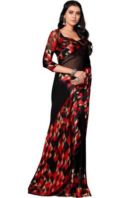 Black printed georgette saree with blouse 3
