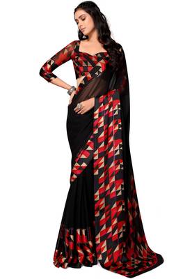 Black printed georgette saree with blouse 5