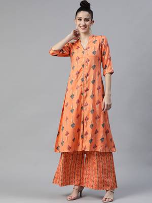 Orange printed rayon cotton-kurtis With Palazzos 1