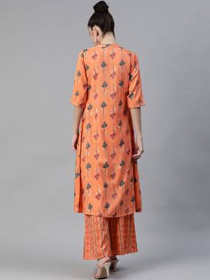 Orange printed rayon cotton-kurtis With Palazzos 2