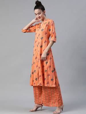 Orange printed rayon cotton-kurtis With Palazzos 5