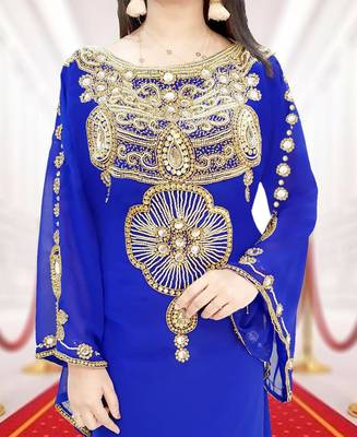 Moroccan Dubai Kaftan Evening Royal Blue Georgette Zari Stone Work Formal Party Dresses 2