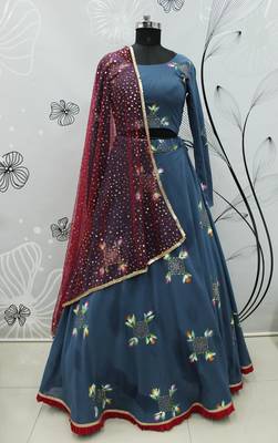 Blue Pigment Foil Printed georgette Semi Stitched Wedding Lehenga 5