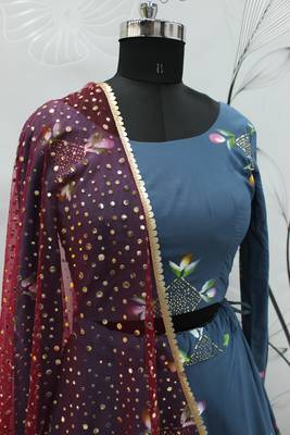 Blue Pigment Foil Printed georgette Semi Stitched Wedding Lehenga 6