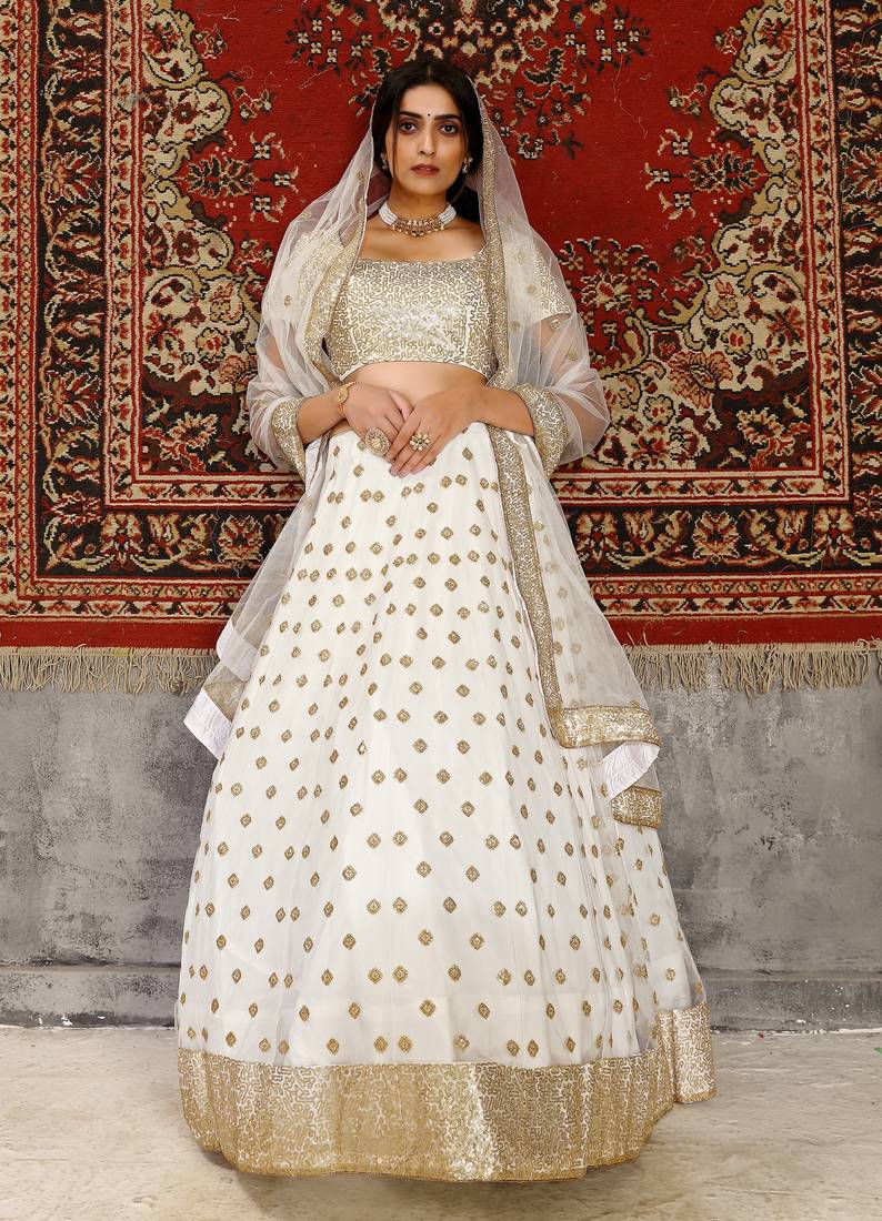 White sequins embroidered net semi-stitched lehenga for wedding