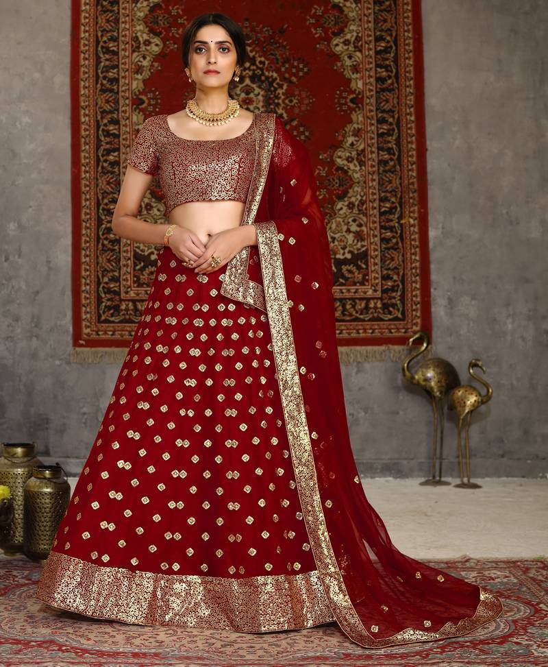 Red sequins embroidered net semi-stitched lehenga for wedding
