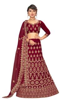 Maroon embroidered velvet semi stitched lehenga