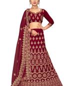Maroon embroidered velvet semi stitched lehenga