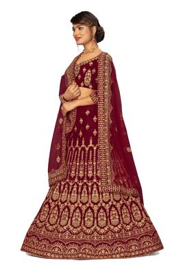 Maroon embroidered velvet semi stitched lehenga 2