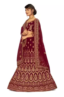 Maroon embroidered velvet semi stitched lehenga