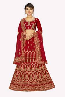 Red embroidered velvet semi stitched lehenga