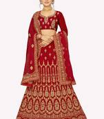 Red embroidered velvet semi stitched lehenga