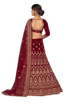 Maroon embroidered velvet semi stitched lehenga