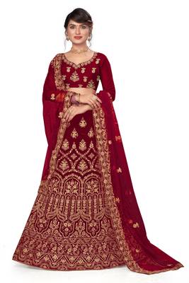 Maroon embroidered velvet semi stitched lehenga 1