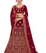 Maroon embroidered velvet semi stitched lehenga