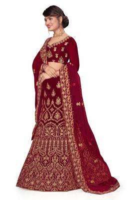 Maroon embroidered velvet semi stitched lehenga 2