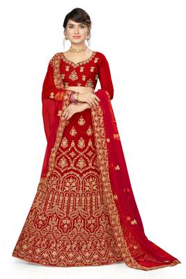 Red embroidered velvet semi stitched lehenga 1