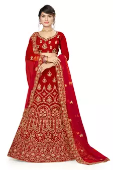 Red embroidered velvet semi stitched lehenga