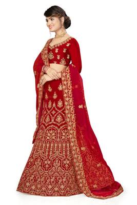 Red embroidered velvet semi stitched lehenga 2